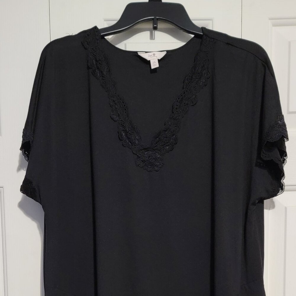 Secret Treasures V-Neck Lace Knee-Length Nightgown, Black, Medium